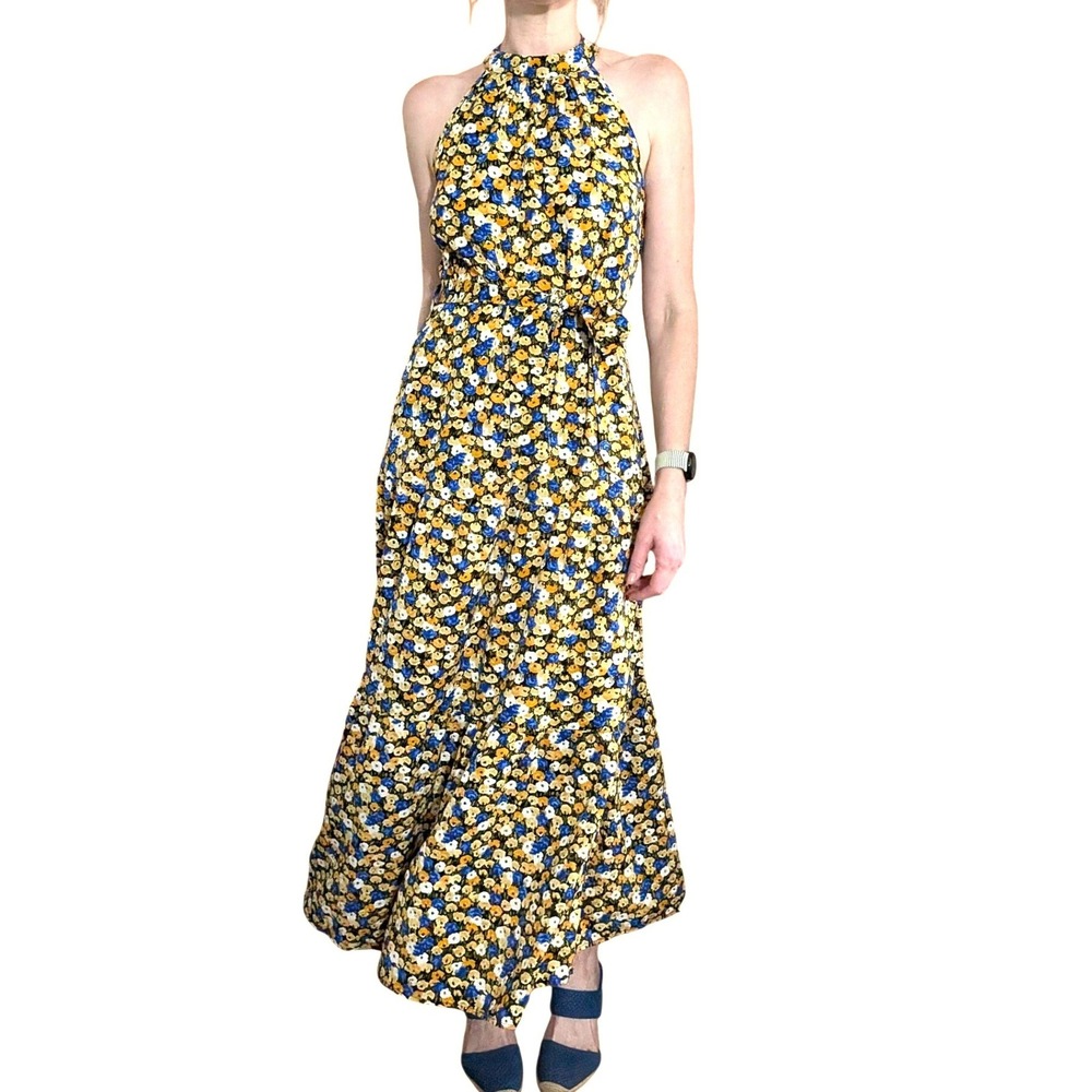 PRETTYGARDEN Floral Halter Maxi‎ Dress Blue Yellow Tie Waist Boho Size M